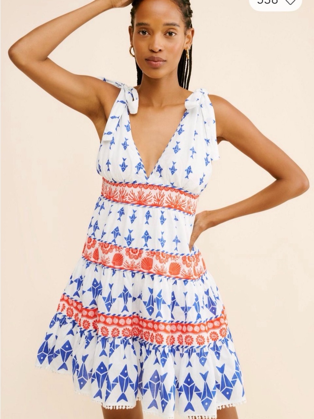 FARM Rio White, Blue & Red Printed Tie-Shoulder Mini Dress